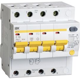  Выключатель автом. дифф. тока IEK АД14 MAD10-4-010-C-030 10A тип C 4.5kA 30мА AC 4П 400В 5мод белый 