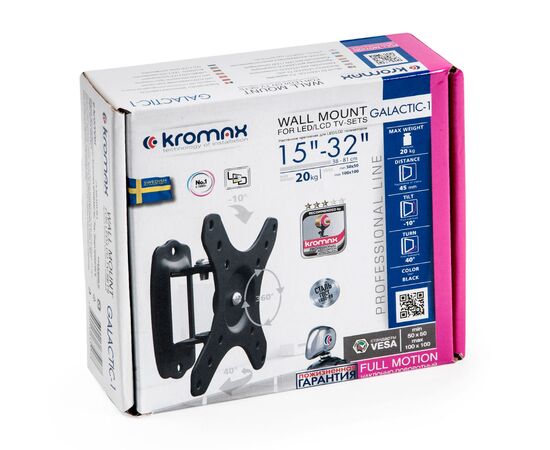 15"-32" Кронштейн Kromax GALACTIC-1 new Наклонно-поворотный Чёрный  макс.20кг VESA 100x100 мм. 